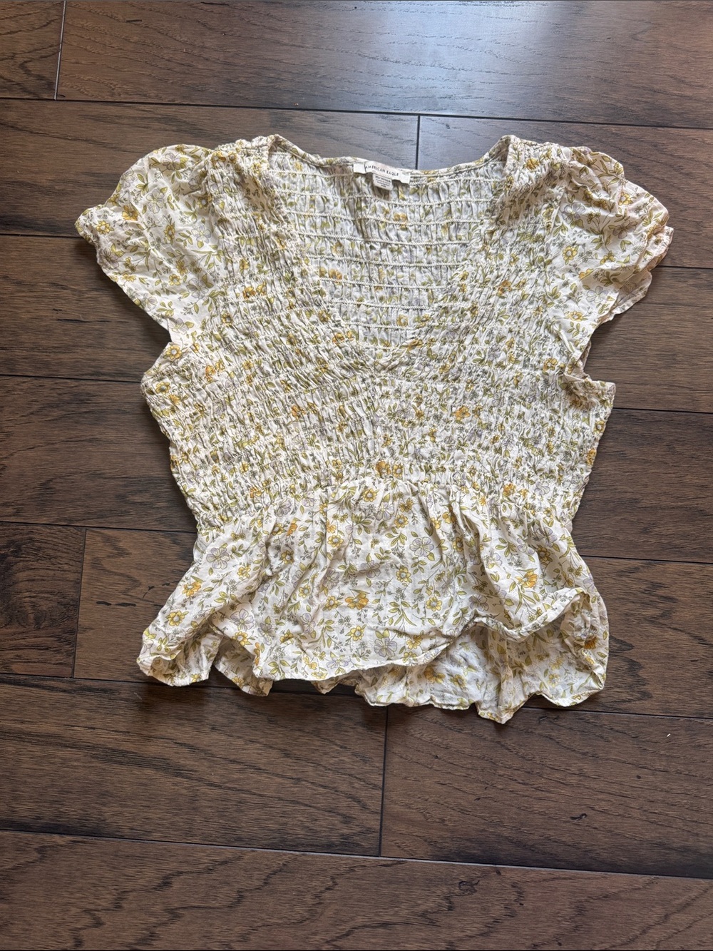 American Eagle Outfitters White Floral Smocked Peplum Top - Yellow